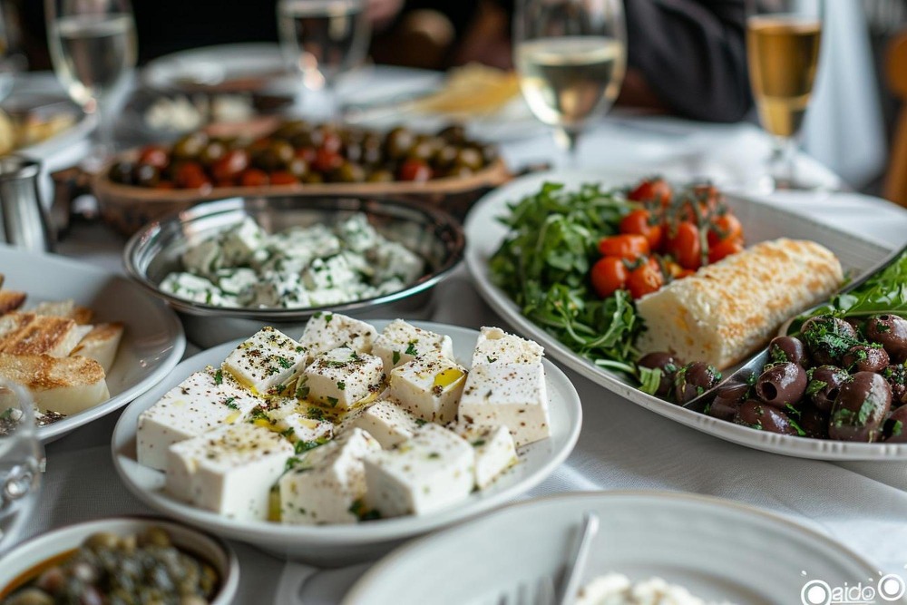 Knackiger griechischer Bauernsalat mit Tomaten, Gurken, Zwiebeln und echtem Fetakäse für das mediterrane Buffet.